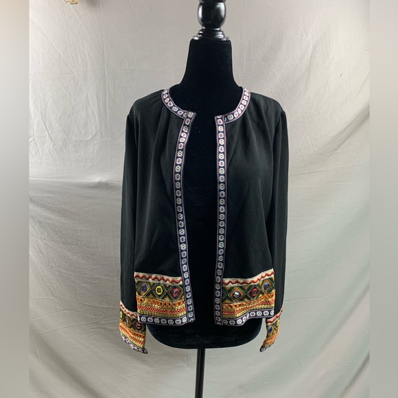Black Contrast Embroidered Trim Open Front Jacket - Picture 7 of 10